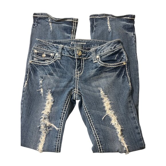 Z Co Premium Bootcut Jeans Distressed Rhinestones Low Rise Blue Denim Sz 5 - Picture 2 of 6